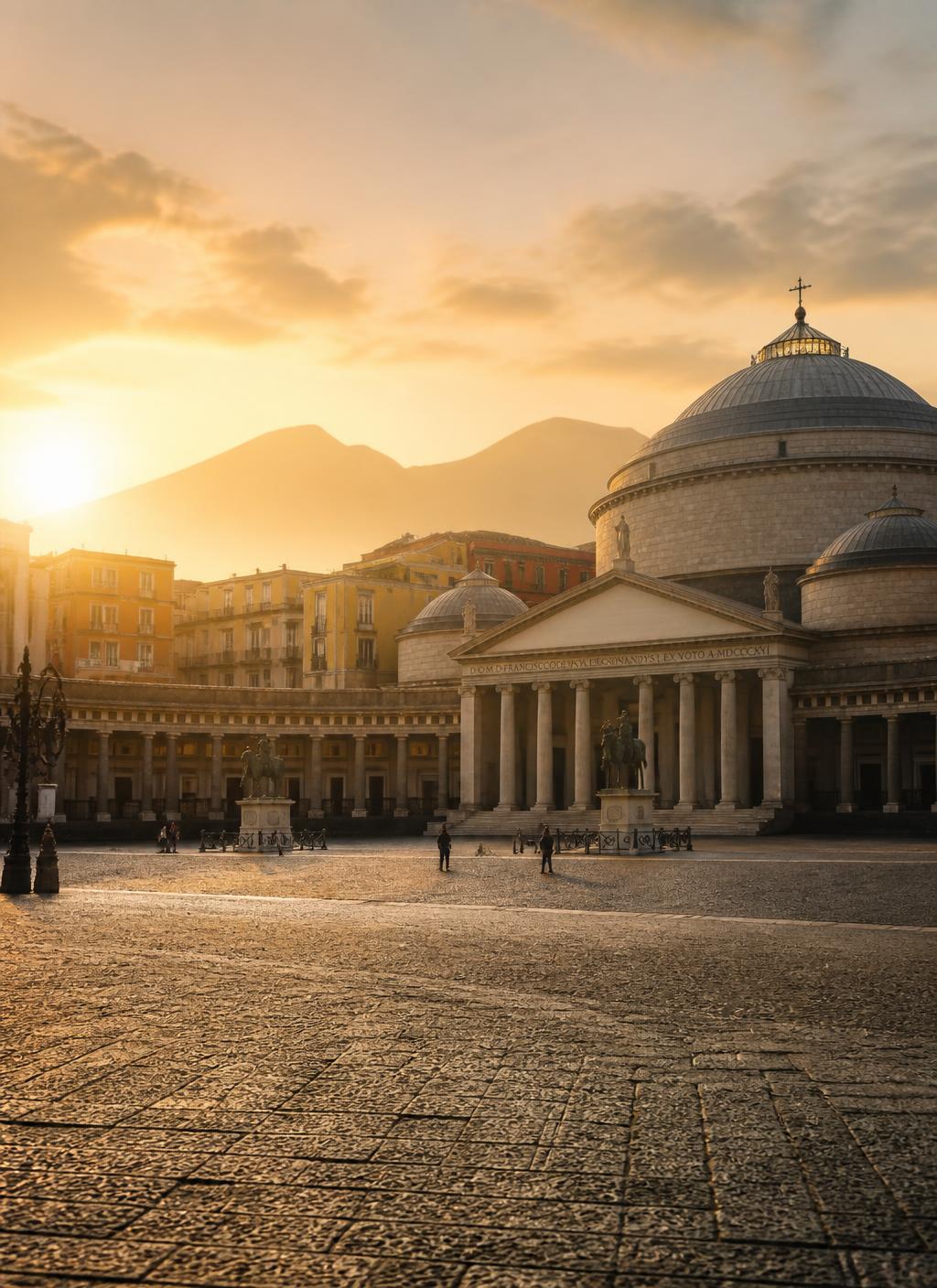 Piazza del Plebiscito a Napoli al tramonto, con la Basilica di San Francesco di Paola e il Vesuvio sullo sfondo